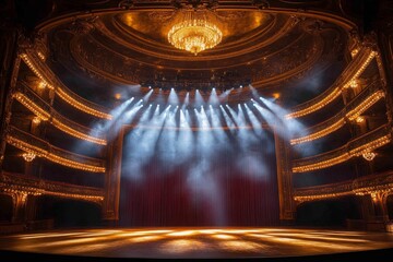 Obraz premium Bright stage illuminated with dramatic lights and velvet curtains ready for performance in a grand theater