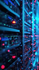 Naklejka premium Advanced quantum cryptographic server glowing with neonblue entangled photon nodes