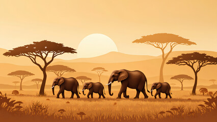 Fototapeta premium A serene sunset scene featuring a family of elephants walking in a savanna landscape with acacia trees against a warm, golden backdrop.