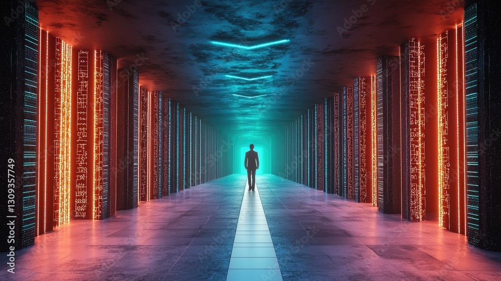 Poster cybersecurity concept background with bright neon lines and encrypted data particles.