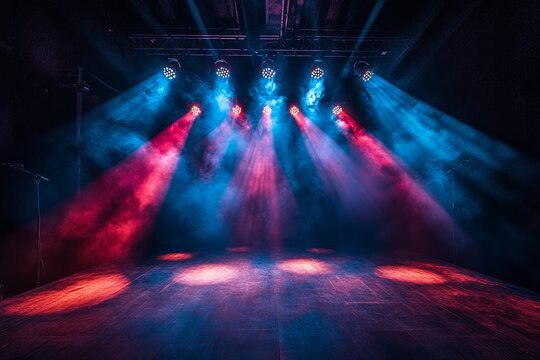 Colorful stage lighting with smoke creates a vibrant atmosphere for live performances in an indoor venue