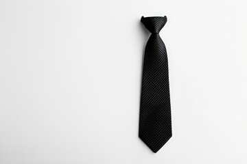 A black necktie rests on a white plain surface background