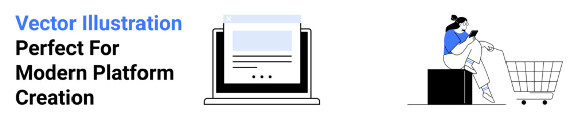 Woman seated near a shopping cart using her phone, laptop with document interface. Ideal for e-commerce, online shopping, digital marketing, mobile apps, user interaction, remote work, flat landing