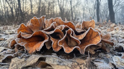 A close-up of a frost-kissed, brown leaf with a textured surface, nestled among similarly frosted fallen leaves, capturing winter's delicate touch