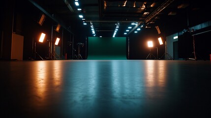 Film Studio Interior: Green Screen, Lighting, and Polished Floor