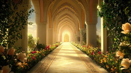Dreamy passageway with cascading flowers, majestic arches, and a soft, golden glow.