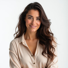 Es una maravillosa oficinista con una hermosa sonrisa. Una mujer bonita con camisa.