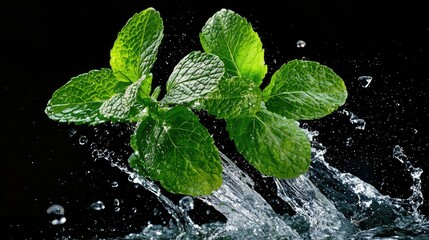 Dynamic scene of vibrant mint leaves suspended in mid-air with water splashing around them.