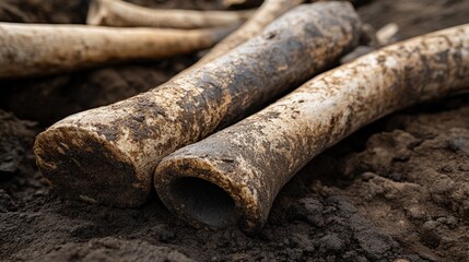 Aged bone fragment rests on earth, showcasing weather-worn textures and rich, dark hues under a close-up lens, revealing nature's transformative touch