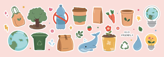 Hand drawn eco-friendly stickers for Earth or World Environment Day. Zero waste, recycle, save Earth, less plastic concepts. Vector flat illustration.