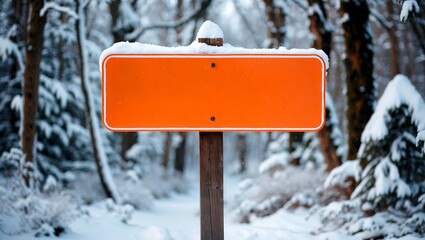 Blank orange signpost surrounded by snowy winter forest