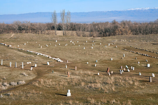 Kurgan stelae, Balbal, ancient historical stones on the territory of complex Burana Tower in Kyrgyzstan