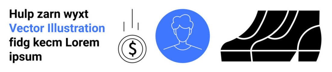 Coin dropping with dollar sign, user avatar in a blue circle, bold black stair elements. Ideal for finance, user interface, online donation, profile setup, abstract design, business flat landing