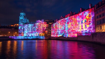 Obraz premium Colorful light show projected on riverside buildings at night