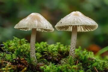 Fototapeta premium Two small mushrooms growing on a vibrant moss covered surface