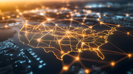 Obraz premium A map of the United States with glowing connections between cities, representing global connectivity 