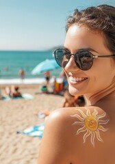 Woman with a sun tattoo enjoying a sunny day at the beach