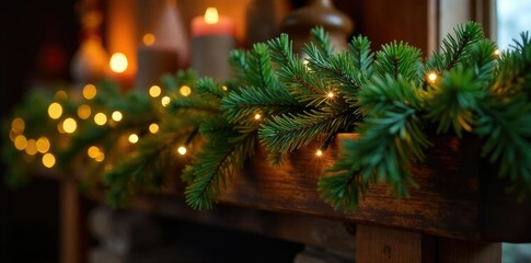 Twinkling pine garland draped along a rustic wooden beam, festive lights, natural elements