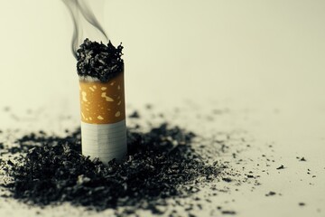 Smoking Cigarette with Ashes and Smoke on a Minimalist Background