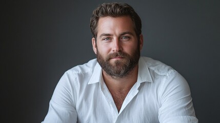 Fototapeta premium close up of a confident man with a beard wearing a white shirt, neutral studio portrait and photography concept