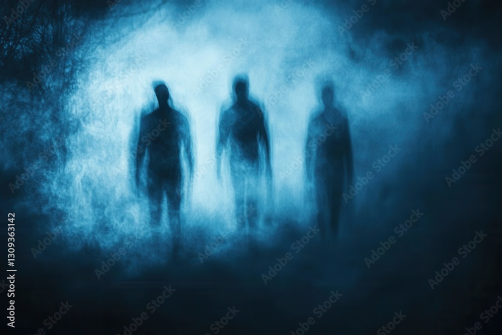 Poster mysterious silhouettes emerge from the fog in an eerie atmosphere of fear and shadows generative ai