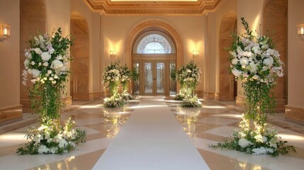 Fototapeta premium Elegant wedding-style hallway with flowers wrapped around grand arches, glowing with soft lighting.
