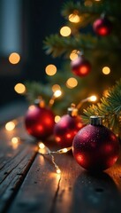 Twinkling lights and sparkling baubles on a wooden table, wood, winter