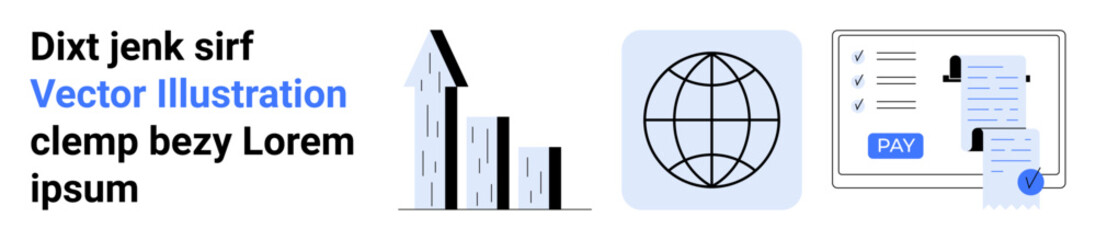 Obraz premium Bar chart with upward trend, globe symbolizing worldwide reach, transaction checklist with payment button. Ideal for global business, finance, digital economy, data analysis, e-commerce, fintech