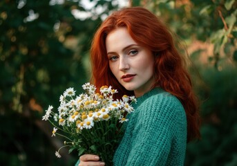 Naklejka premium Woman with red hair holding a bouquet of daisies in a green setting
