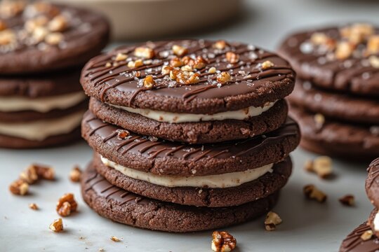 Delicious stack of chocolate sandwich cookies with cream filling and nut topping a sweet treat for dessert lovers #cookies