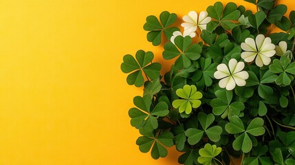 Flat-lay of fresh green clovers arranged on a vibrant yellow background for a festive touch.