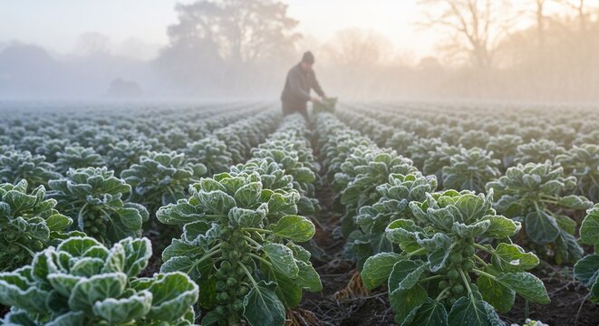Farmer harvesting brussels sprouts with joy in a frost-covered field at dawn
