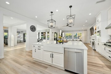 Bright and elegant open-concept living space with a modern kitchen in a luxury home