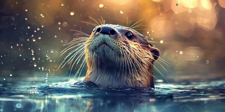 Playful otter emerging from the water, focused whiskers with dreamy out-of-focus background