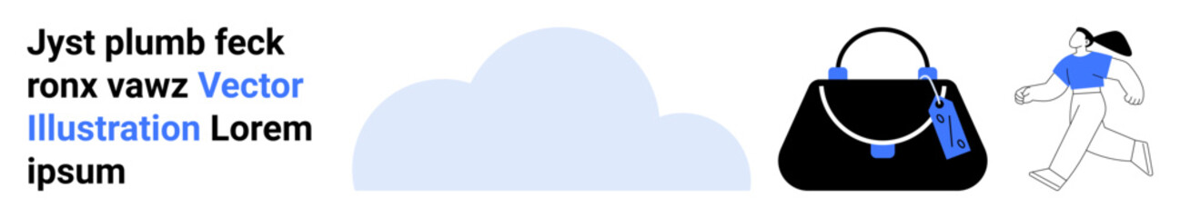 Woman in motion holding a stylish handbag cloud in the background. Ideal for fashion, lifestyle, shopping, retail, travel, minimalism, branding. Perfect for flat landing page banner