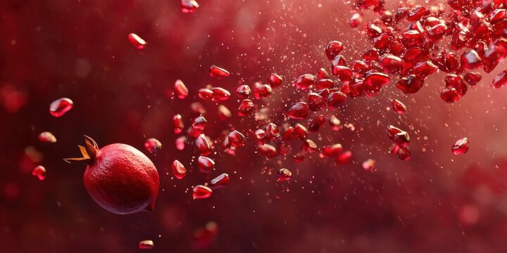 Pomegranate seeds exploding in a juicy motion on a deep ruby background