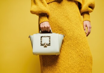 Stylish woman holding a chic handbag against a vibrant yellow background