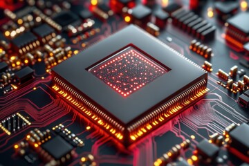 High-Tech Microchip on a Circuit Board with Red Glow Effects