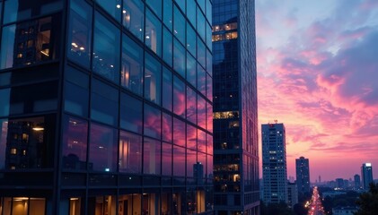 Twilight reflection on a skyscraper's glass facade, glass, sunset