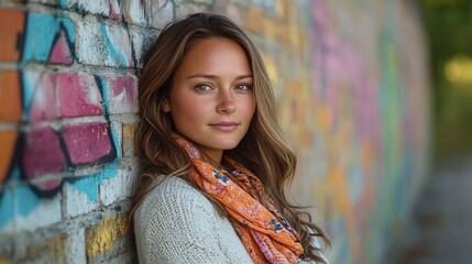 Naklejka premium confident blonde woman standing with arms crossed against a colorful graffiti wall, urban street style portrait concept