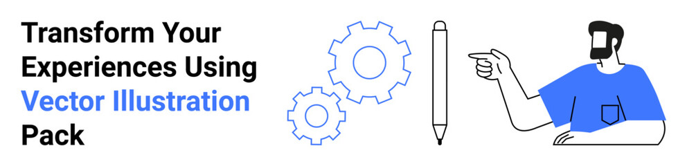 Gear icons symbolize mechanization, pencil represents creativity, and professional figure signifies expertise. Ideal for creativity, innovation, design, teamwork, skills, digital transformation flat