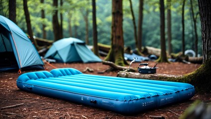 Fototapeta premium Comfortable blue inflatable camping mattress in forest