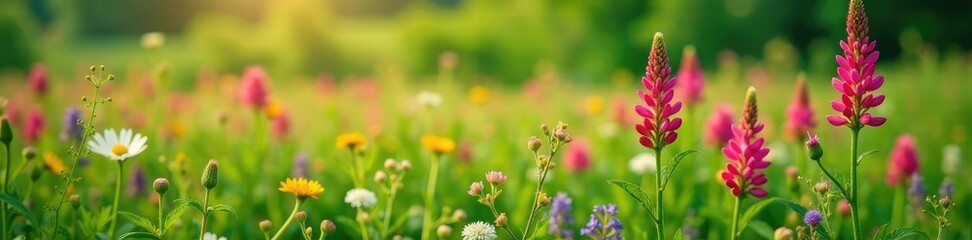 Obraz premium Tufted vetch in a field with other wildflowers and foliage, flowers, botanical