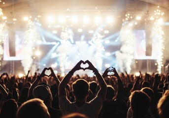 Crowd at a concert forming heart shapes with hands, celebrating music