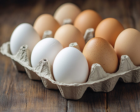 Close-up of brown and white eggs in carton on wood surface, showcasing freshness and natural food concept