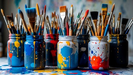 Creative art studio with paintbrushes in colorful jars