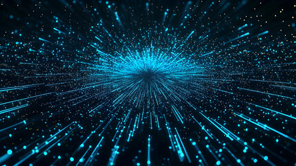 Obraz premium Abstract Digital Blue Particle Lines Bursting Outward on Black Background Displaying Technological Data