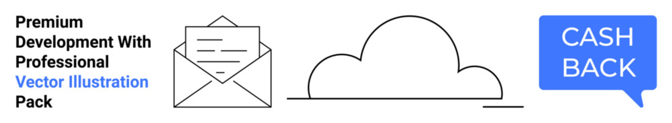 Envelope signifying emails, cloud icon for storage solutions, and cashback symbol in a speech bubble. Ideal for business, finance, communication, cloud services, marketing, e-commerce technology