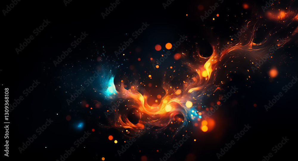 Poster abstract background featuring vibrant swirls of orange and blue light against a dark backdrop. bokeh