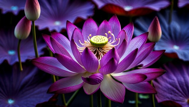 Deep purple lotus flower in full bloom - Powered by Adobe